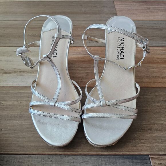 MICHAEL Michael Kors Kami T-Strap Wedge Sandals Silver Espadrille US 8 Elegant - Picture 3 of 9